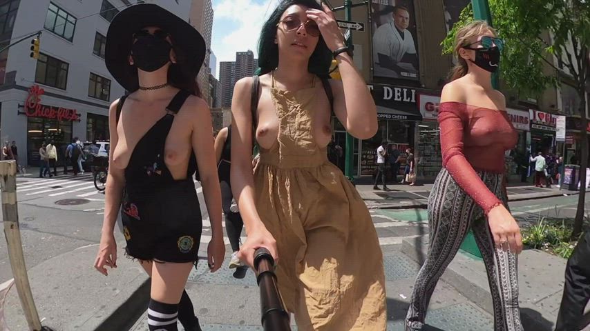 Exhibitionism Exhibitionist Exposed Flashing Friends girls Natural boobs Outdoor Public Porn GIF