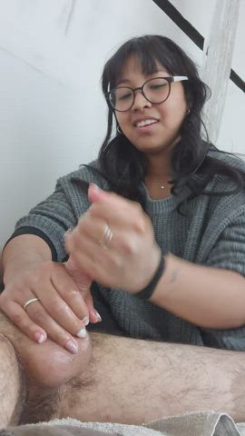 Amateur cock meat Worship sperm Cumshot pretty Handjob Hotwife Porn GIF