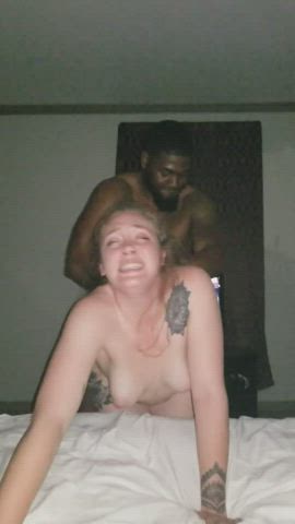 Amateur BBC blondie Cuckold Doggystyle Hotwife Saggy boobies threesome White whore girl chick Porn GIF