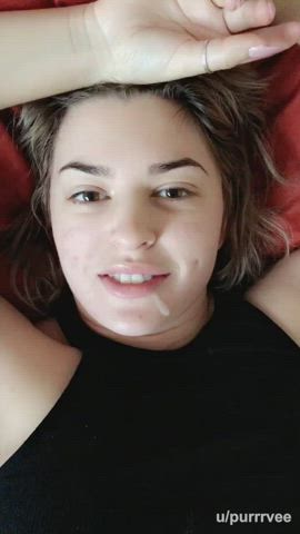 Amateur blonde sperm sperm In Mouth sperm Swallow Eye Contact Facial Real couple Smile sucking Porn GIF