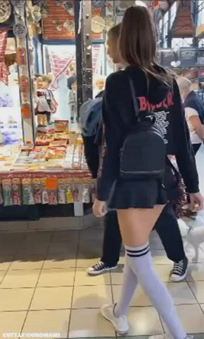 Amateur booty Exhibitionist Flashing Public snatch Skirt Upskirt Voyeur Porn GIF