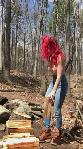 Babe giant titties Boots Jeans Outdoor Public ginger head TikTok bare-breasted Porn GIF