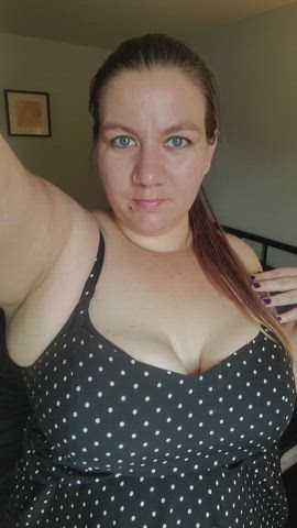 BBW Blue Eyes Chubby Dress Long Hair Natural Panties Tease Upskirt Porn GIF